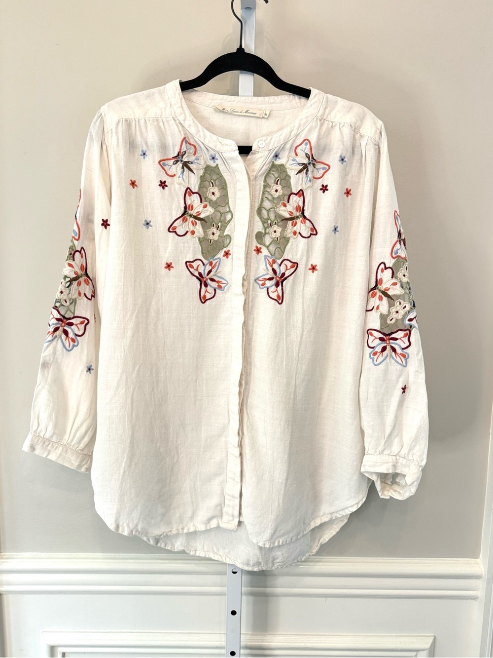 Marie Louise de Monterey Linen Blend Embroidered Boho Blouse Size 12